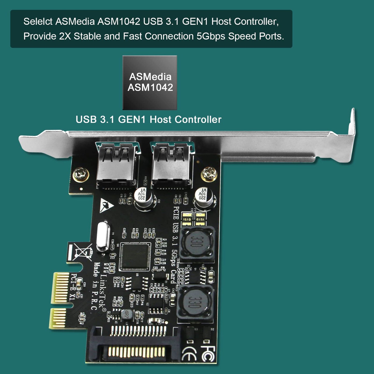 Linkstek 2-Ports Pcie Usb 3.0 (Usb 3.1 Gen1) 5Gbps Expansion Card For Desktop Pcs, 2X 5Gbps Usb-A Ports, Built In Smart Power Di