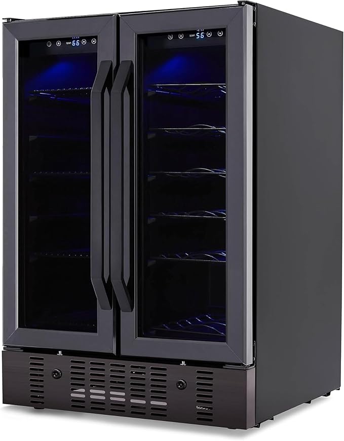 NewAir 24" Dual Zone Wine and Beverage Refrigerator, 18 Bottle & 58 Can, French Door Built-In Fridge with Lock, Black Stainless Steel Cooler, Digital Thermostat, Adjustable Shelves