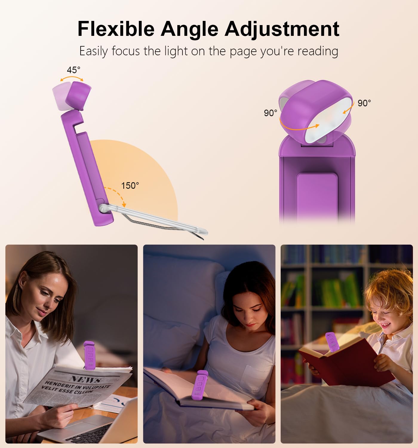 Gritin Rechargeable Reading Light - 3 Color Temperatures, 5-Level Dimmable, Clip-On Book Lamp, Dark Purple, Model G1313