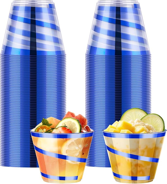 Dualshine 100 PCS Blue Rimmed Swirl Clear Plastic Cups, 9 oz Disposable Plastic Wine Glasses, Heavy Duty Cocktail Glasses ...