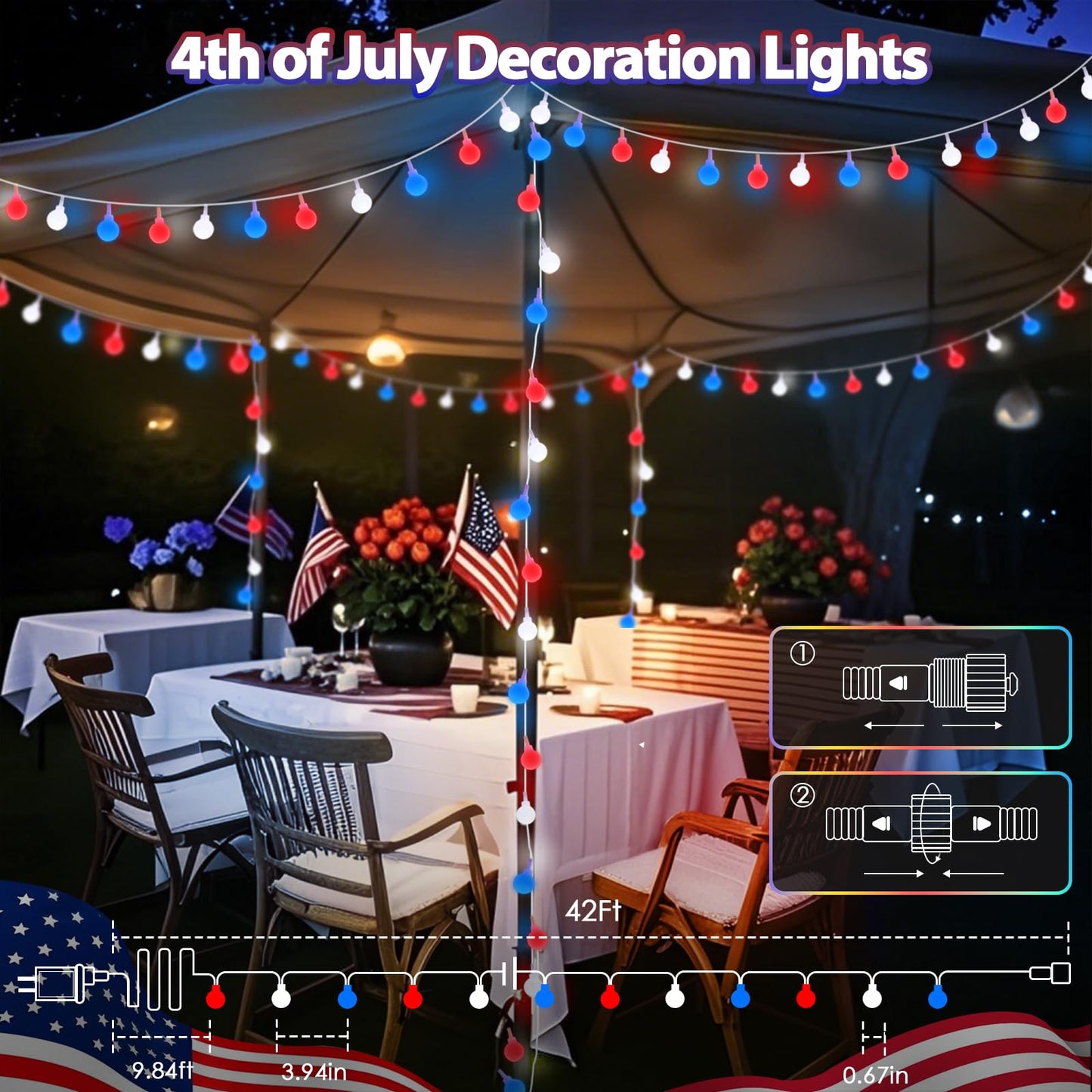 LORRYTE Connectable String Lights 100 LED Waterproof 42FT Red White Blue, 13 Modes with Timer for Indoor Outdoor Use