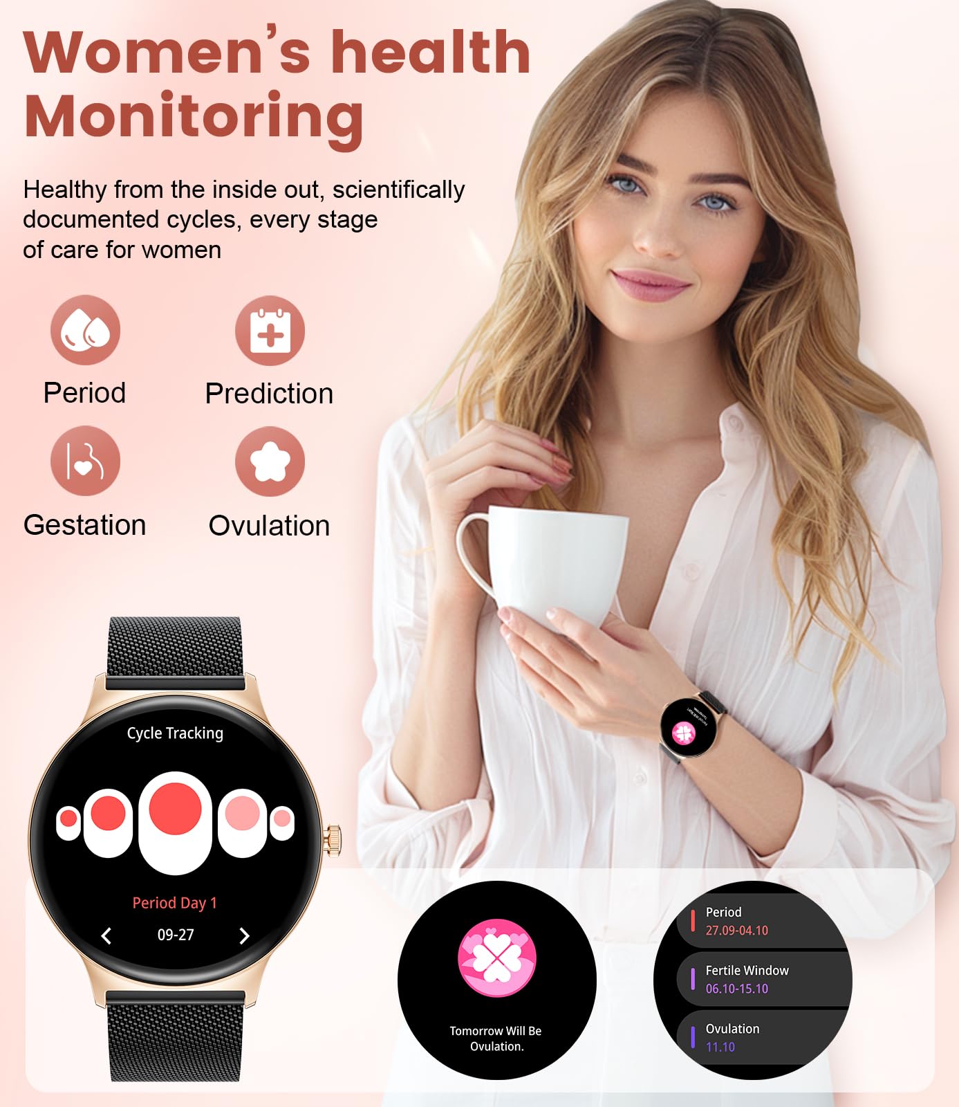 BENYAR SMART Smart Watches for Women, 1.43" AMOLED Screen Bluetooth Call Smartwatch, 120+ Sports Modes Fitness Tracker, Blood Oxygen Heart Rate Sleep Monitor for Android iOS Black Gold 2025