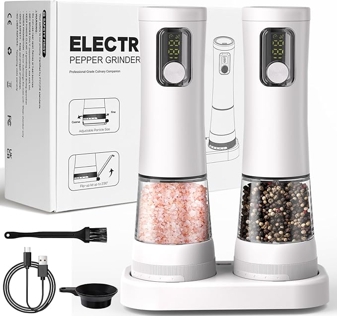 Electric Salt and Pepper Grinder Set-2 Pack Rechargeable Automatic Pepper Mill with Base,5-Level Adjustable Coarseness, Display, LED Lighting, Large Capacity-Ideal for Kitchen, BBQ Gifts (2, White)
