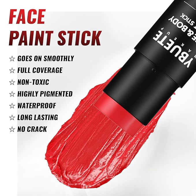 Red Oil Based Face Body Paint Stick, Non-toxic Full-coverage Face Painting for Halloween Cosplay SFX Makeup Clown Joker Demon Vampire, Waterproof Cream Red Eye Black Stick for Costumes Party
