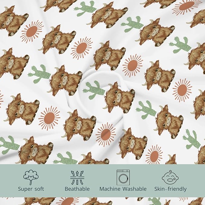 HawSkgFub Highland Cow Boho Cactus Sun Changing Pad Cover for Baby Girls Boys, Western Hyland Cattle Diaper Change Table Covers, Soft Stretchy Safe Snug Fitted Changing Mat Sheets Fit 32"/34" x 16"