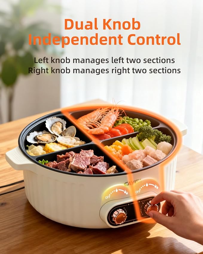 Electric Hot Pot Cooker with Divider, 4 Compartment Hotpot Pot, 2000W Shabu Shabu Pot Electric with Non-Stick, 5Qt Hot Pots for Indoor Cooking, Family Party