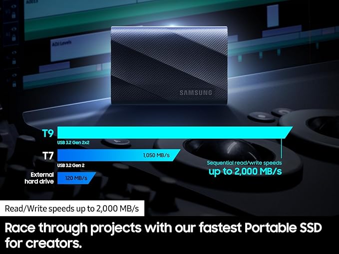Samsung T9 Portable SSD 1TB, USB 3.2 Gen 2x2 External Solid State Drive, Seq. Read Speeds Up to 2,000MB/s for Gaming, Students and Professionals, MU-PG1T0B/AM, Black