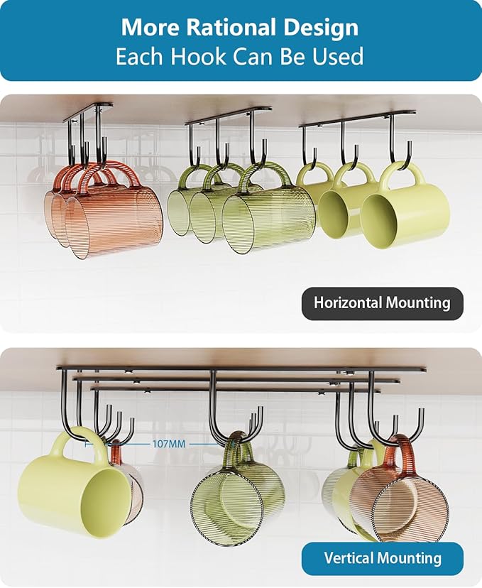 3 Pack Mug Hooks Under Cabinet, Coffee Mug Holder for Hanging Under Shelf, Cup Hanger with 9 Hooks for Displaying Mugs, Coffee Cups and Kitchen Utensils, Black