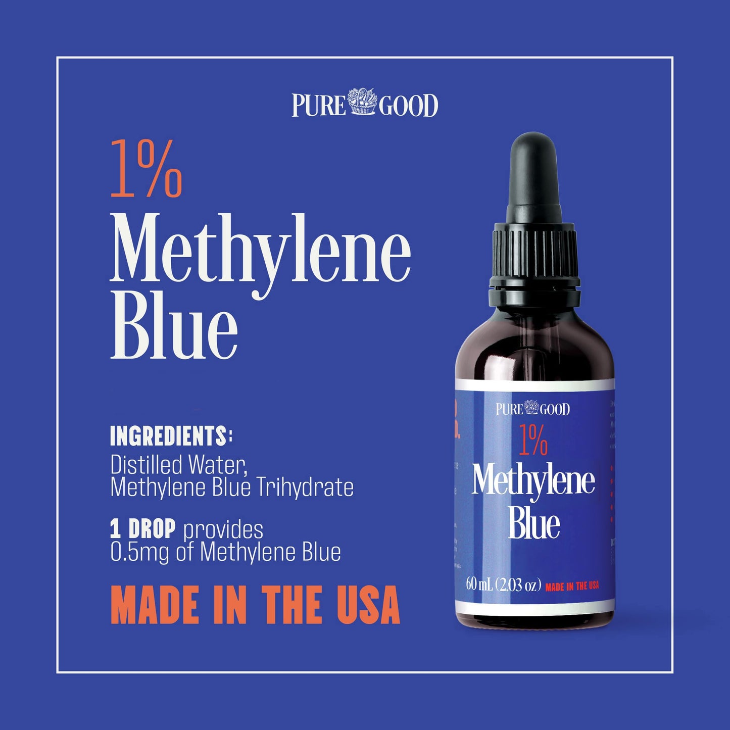 PureGood Methylene Blue 1% Solution (2 Pack) - 2oz USP Pharmaceutical Grade Drops, 99.99% Pure, Third-Party Tested For Purity, Made in USA