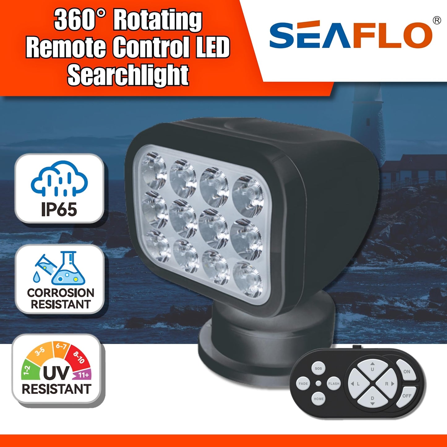 SEAFLO 360° Rotating LED Searchlight, IP66 Waterproof, 10-30V, Wireless Remote, Warm Light 2700K, Black, Model SFSL-2700Y