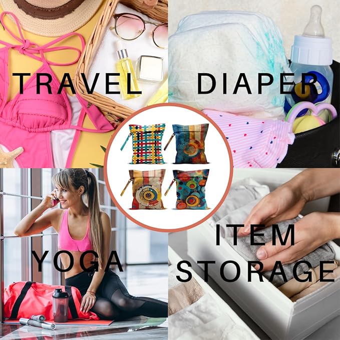 4 Pack Cute Wet Bag Waterproof Washable Reusable Wet Dry Bag for Swimsuit Dirty Clothes Diaper Travel Pool Gym Christmas Toiletries Beach Essentials，Abstract Red Blue Yellow Vivid Circular Decor