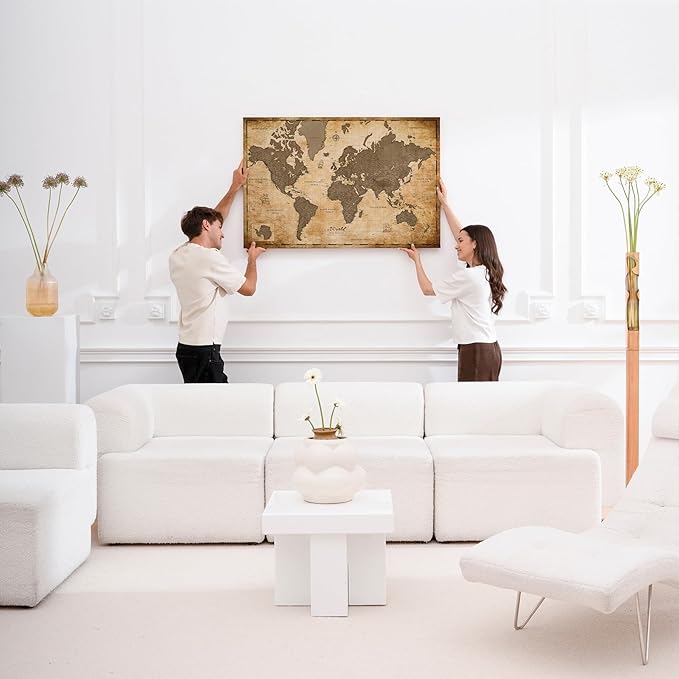 Canvas World Map with Cork Pin Board - English Lettering - Decorative Wall Decoration for All Rooms - Canvas Pictures with World Map Motif (150x100 cm, Pattern 1)