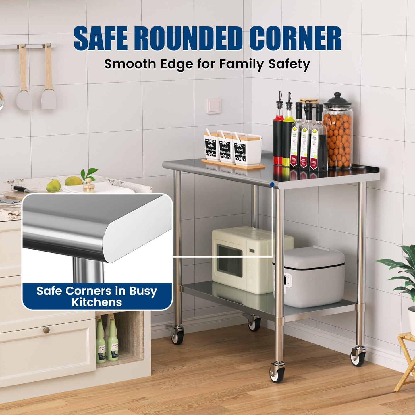 Chingoo Stainless Steel Work Table with Wheels, 24x48 Inch NSF Kitchen Prep Table with Adjustable Undershelf for Commercial Restaurant, Garage, Outdoor BBQ