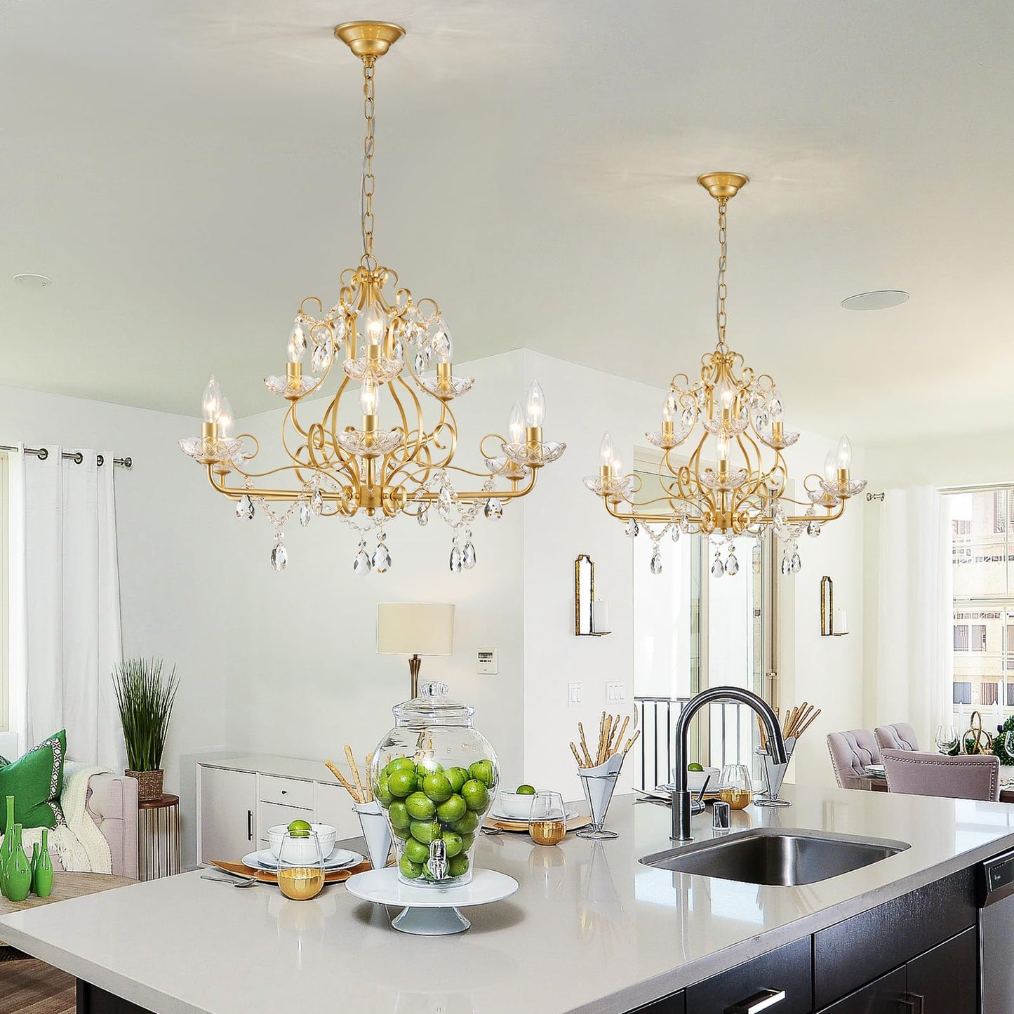 Wuzups 9-Light Crystal Candle Chandelier Pendant Flushmount Ceiling Light Modern Lighting Fixture For Bedroom Hallway Bar Kitchen Bathroom  H 18.1 X W 25.6  Gold  E12 Base