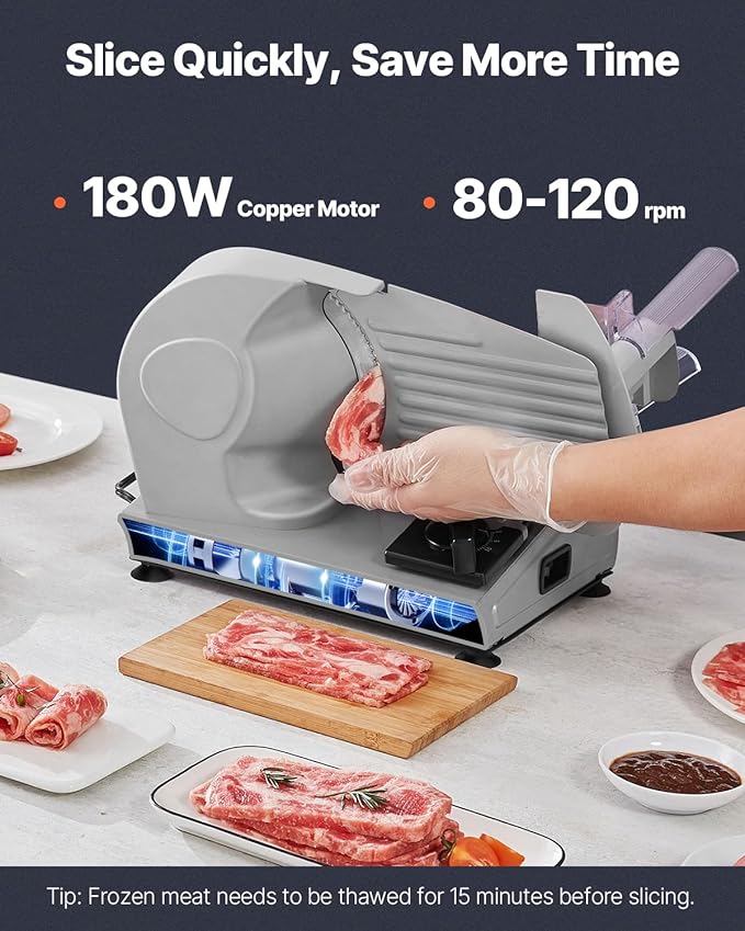 VEVOR Meat Slicer, 180W Electric Deli Food Slicer, 7.5 inch Meat Cutter with a Premium SUS420 Blade, 0-0.6 inch Adjustable Thickness, ETL Certified Food Slicer Machine for Home Use