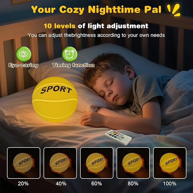 Glow in The Dark Basketball Silicone Night Light for Kids, Rechargeable 5.9 Inch Ball Night Lamp 9 Colors Dimmable with Remote and Timer, Light Up Basketball Gifts for Boys 8-12 Girls Men