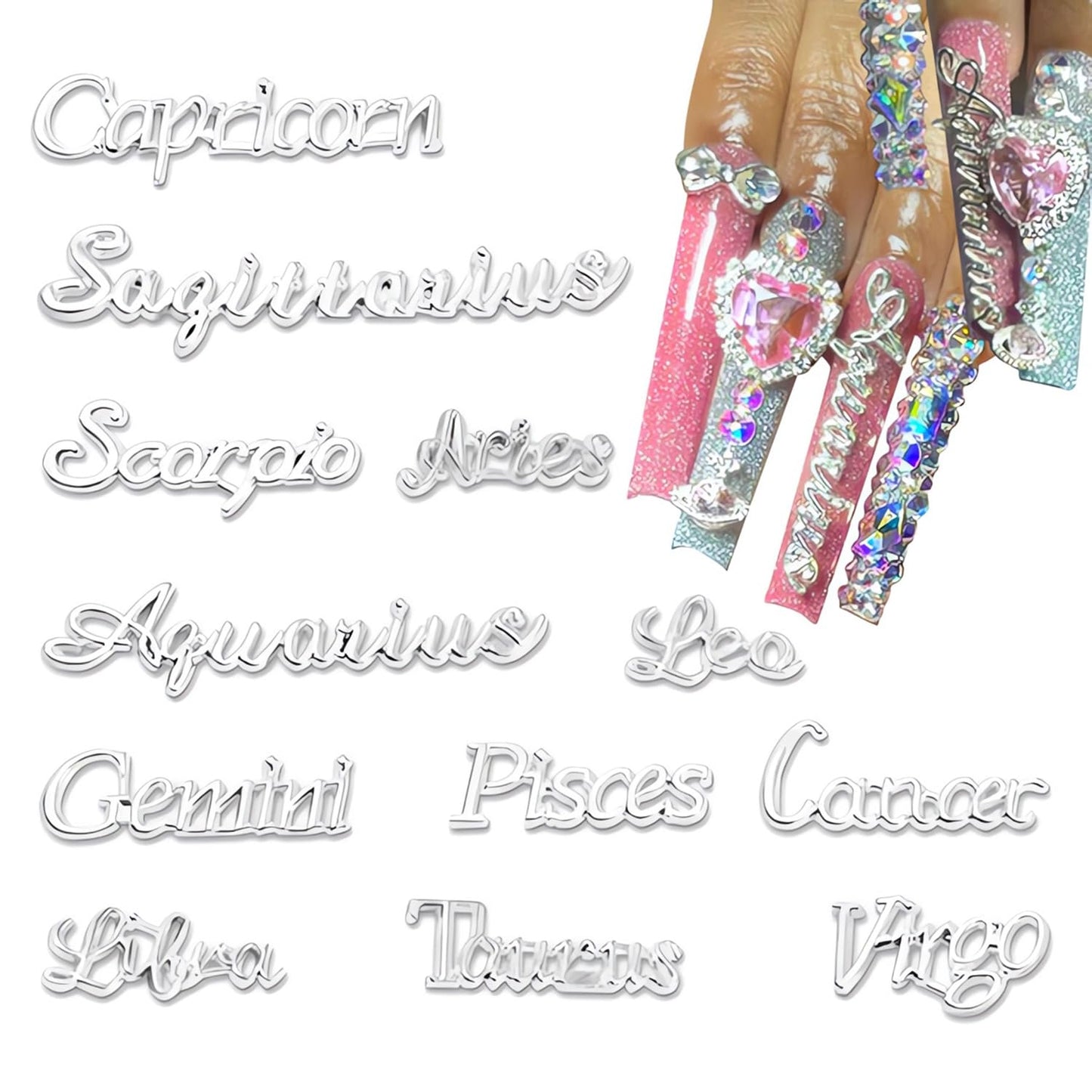 24 PCS Constellation Charms, 3D Silvery Zodiac Letters for Nail Art, Alloy Metal Rhinestones, Kawaii Jewels for Women's Nails an