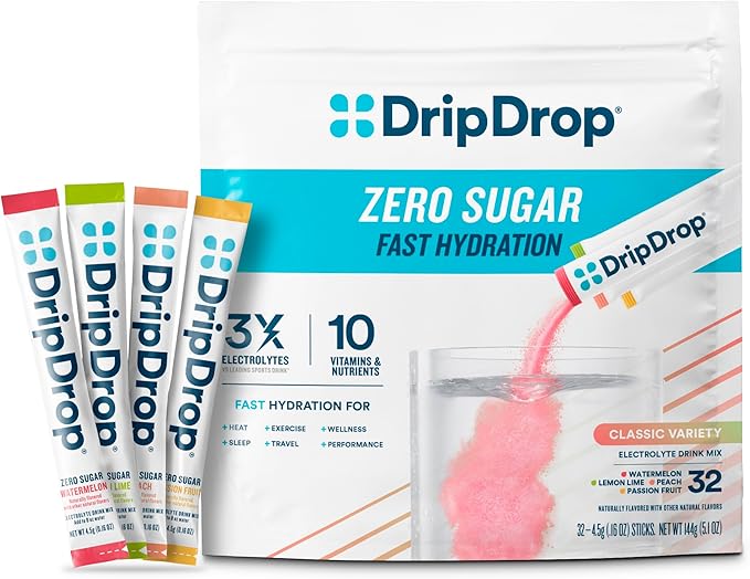 DripDrop Sugar Free Hydration Packets - Zero Classic Variety Pack - Single Serve Electrolytes Powder Drink Mix - Lemon Lim...