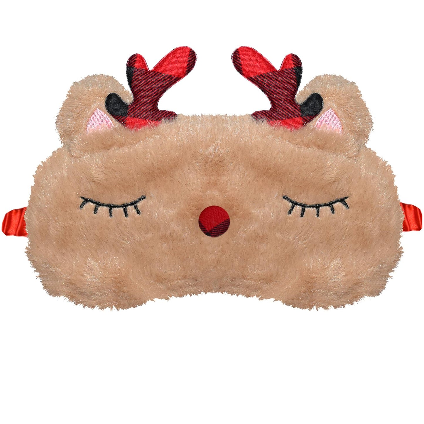 VHOPMORE Cute Animal Sleeping Mask Sleep Mask, Xmas Reindeer Soft Plush Eye Mask for Travel Nap Funny Rudolph Blindfold Eye Cover Eyeshade for Adult Kids Girls Teens Men Women - Reindeer, Red & Brown