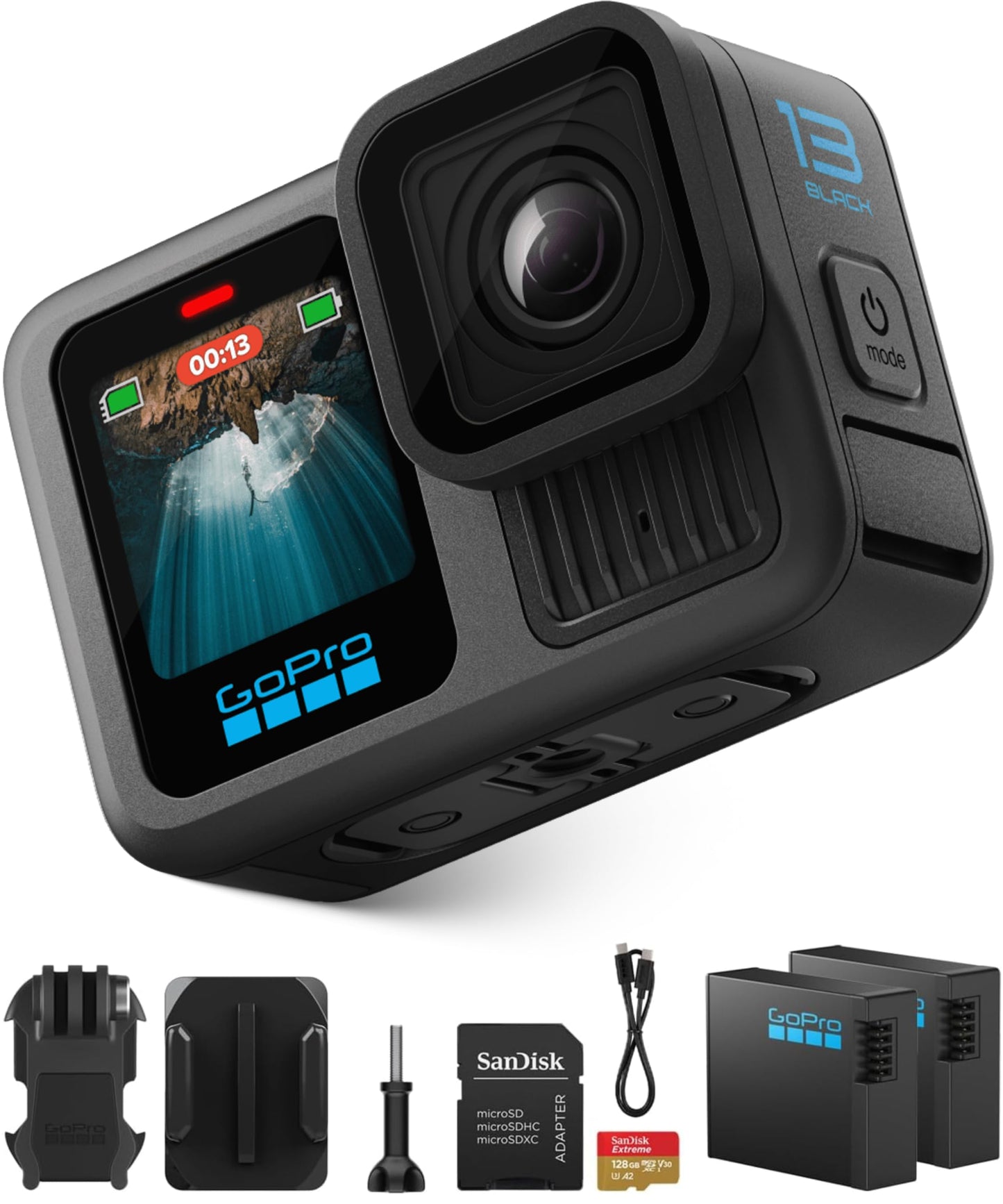 GoPro HERO13 Black Waterproof Action Camera | 27MP, 5.3K60 Ultra HD Video, Supports HB-Series Lenses with Extra Enduro 1900mAh Li-Ion Battery & 128GB Extreme microSDXC Memory Card Bundle Set