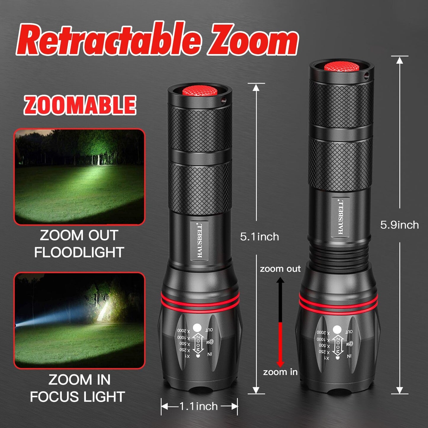 HAUSBELL LED A100 Flashlight Pack - 4 Zoomable Tactical Flashlights, High Lumens, Black, Aluminum, Emergency & Outdoor Use