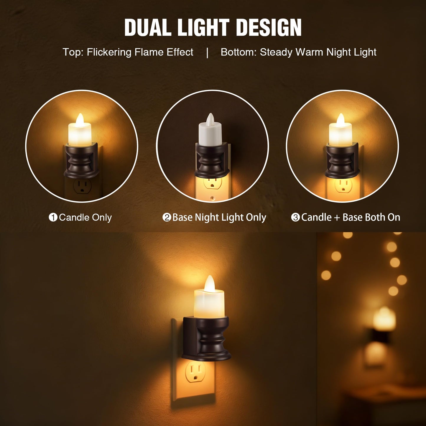 Meonum Flickering Flameless Candle Night Light Plug in, Dimmable LED Nightlight with Dusk to Dawn Sensor, Decorative Candle Light for Bedroom, Hallway, Bathroom(4 Pcs,Warm Yellow & Brown Base)