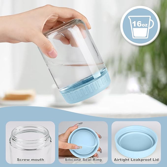 Overnight Oats Containers with Lids, 16oz Glass Jars with Lids 8 pcs, Light Blue, Wide Mouth Mason jars for Salad, Yogurt, Snacks, Meal Prep