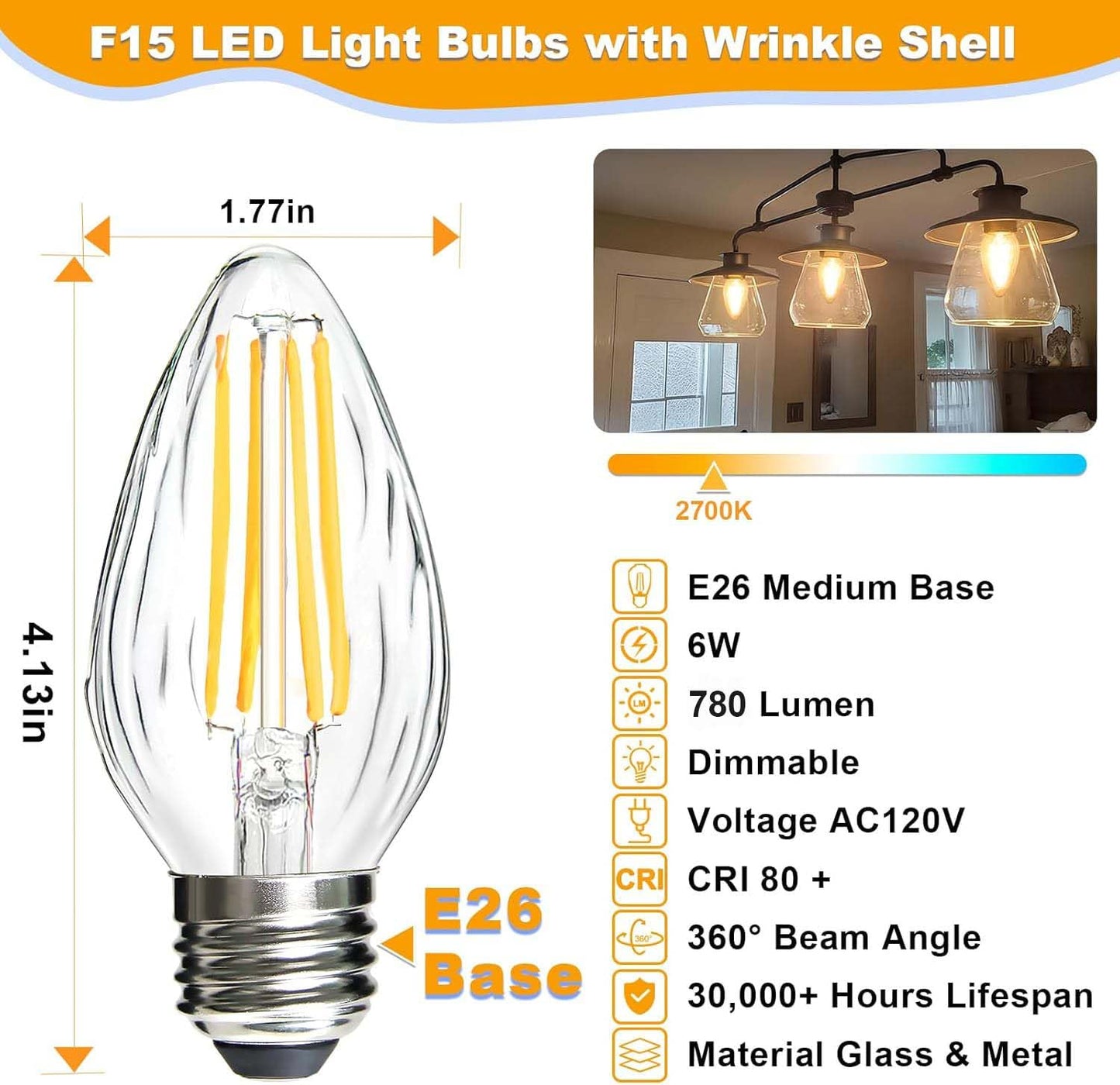 Brimax F15 6W Led Porch Light Bulbs, Dimmable 2700K Warm White, E26 Medium Base, Glass, 4Pack