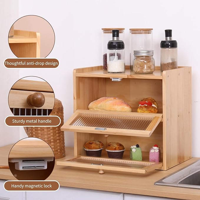 Double Layer Large Bread Box for Kitchen Counter, Wooden Bread Storage Container with Acrylic Window (natural)