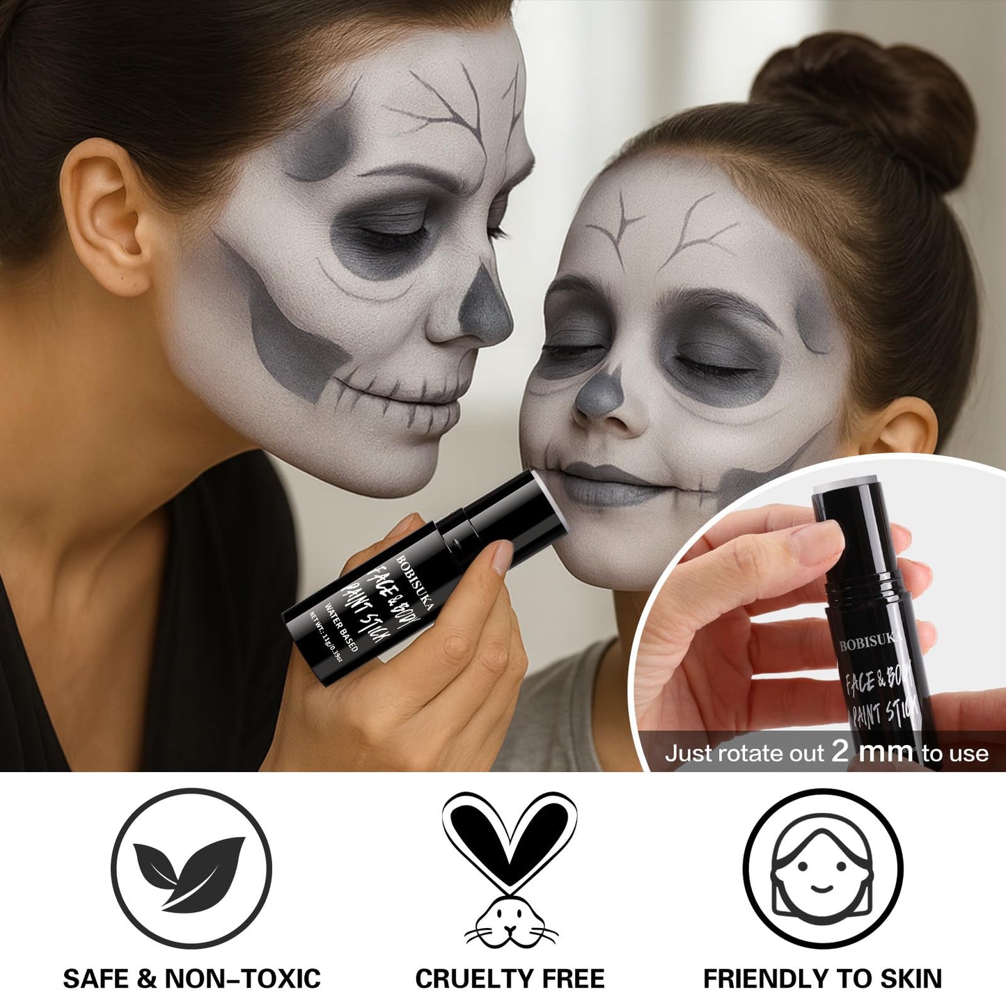 BOBISUKA Grey Face & Body Paint Stick Water-Based Washable Face Paint Makeup Stick for Halloween Skeleton, Skull, Zombie, Vampir