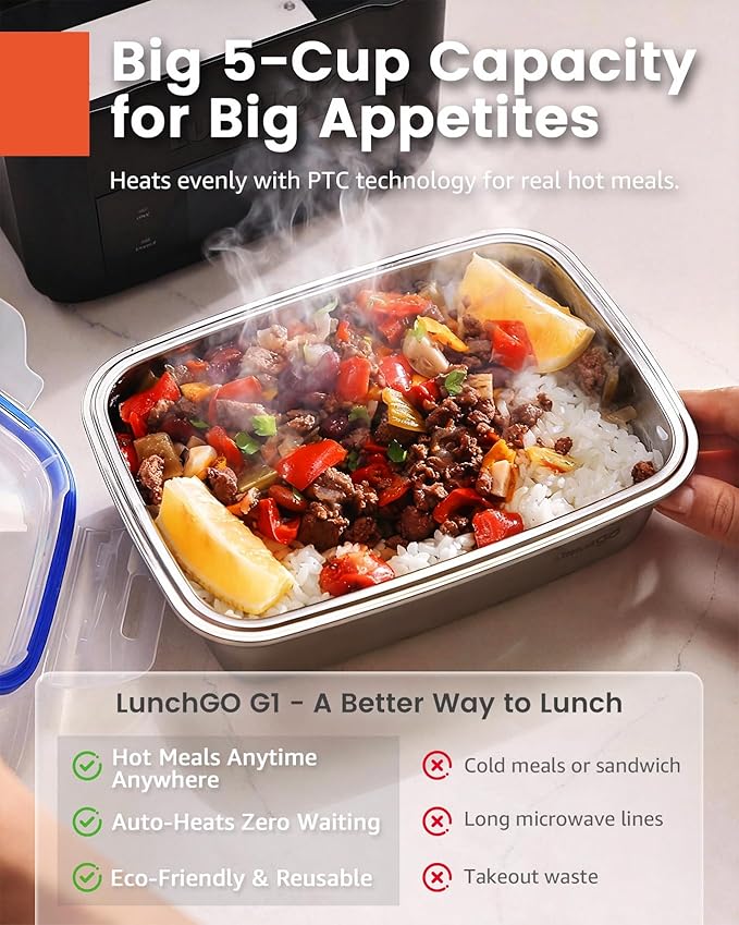LUNCHGO® G1 Smart Electric Heated Lunch Box – Cordless, 5 Cups Capacity, 74 Wh Battery Powered, 250°F Max, Scheduled Heating, Perfect for Outdoor Work, On-The-Go Meals, 1-Year Warranty (Carbon Black)