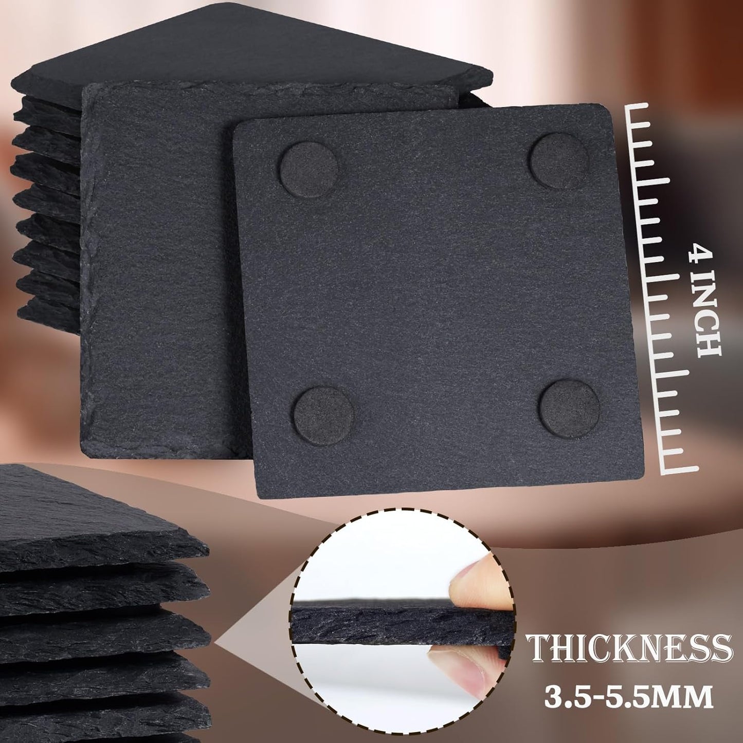 48 Pieces Slate Drink Coasters, GOH DODD 4 Inch Black Coasters Stone Coaster Set, Laser Engraving Blanks with Anti-Scratch Bottom for Home Office Bar Outdoor Housewarming Gifts Wedding Party, Square