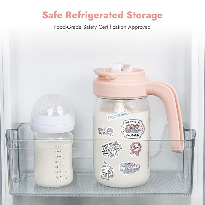 Papablic Glass Breastmilk Pitcher, Formula Mixing Pitcher with Mixing Handle Lid, Wide Mouth Mason Jar Mixer with Flip Locking Spout, Easy to Clean, BPA Free, Pink