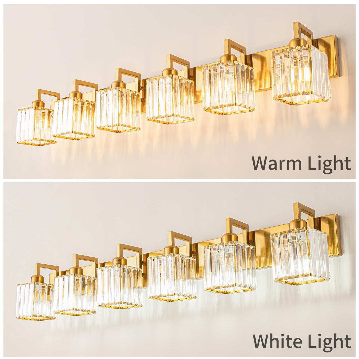 FDPBY Modern Crystal Bathroom Vanity Light - 6-Lights Gold Brushed Brass Finish Wall Lamp