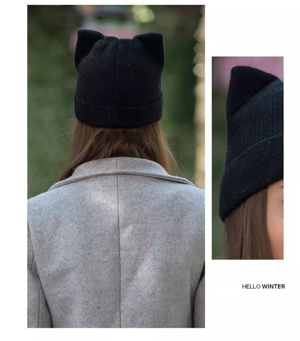 Women Cat Ear Beanie Hat WoolBraided Knit Trendy Winter Warm Cap-black-2pcs