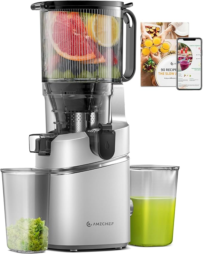 Cold Press Juicer – 5.8" Wide Mouth Hopper for Whole Recipe Loading, Self Feeding for Hands-Free Operation, Zero Waste Masticating Juicer For More Juice, Less Pulp – Triple Strainers