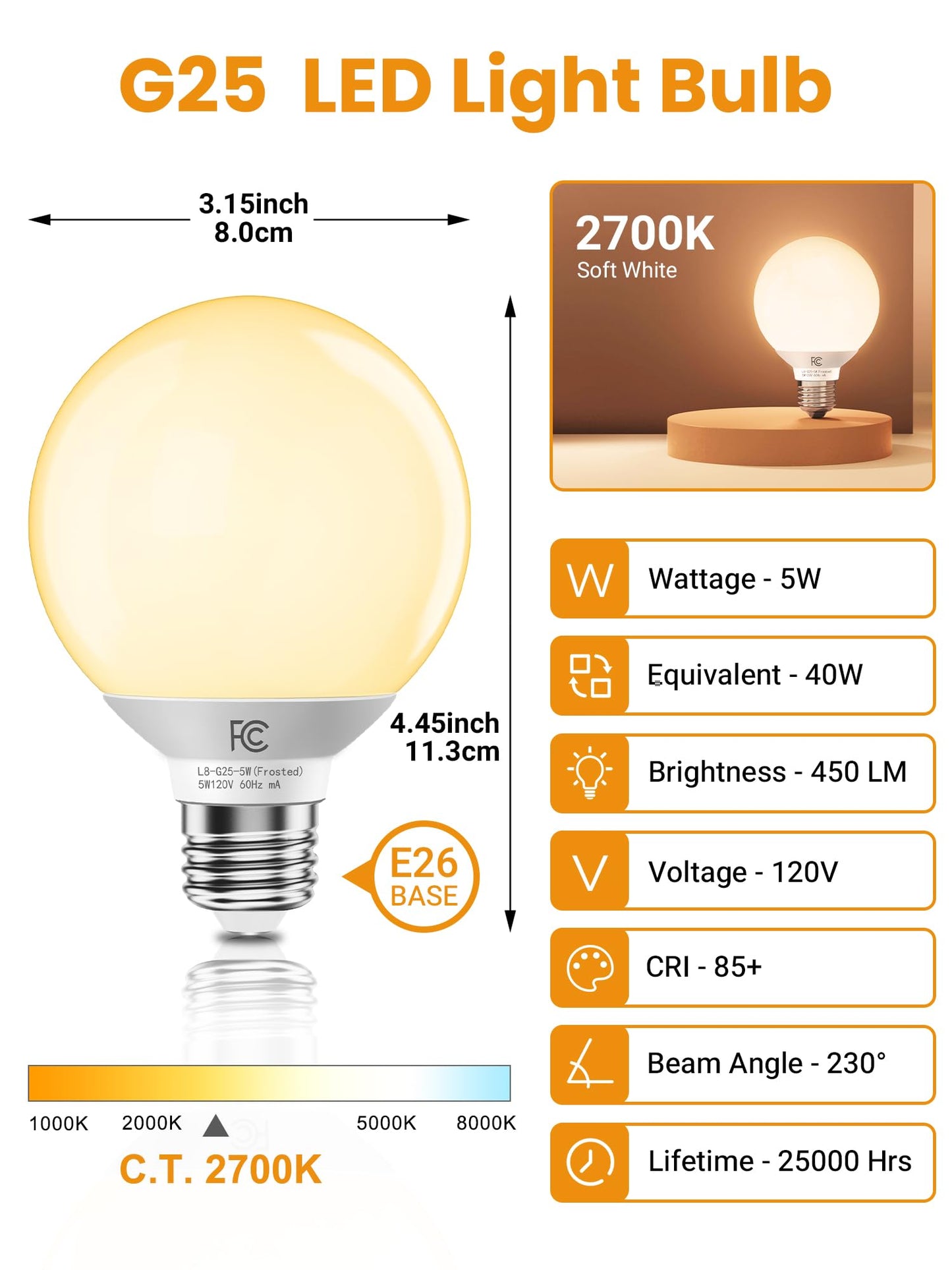 TJOY G25 LED Globe Light Bulbs 40W Equivalent 2700K Warm White E26 Base 450LM Non-Dimmable 8 Pack