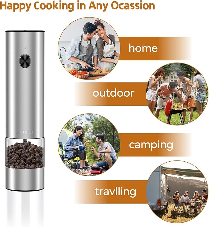Stainless Steel Electric Pepper Grinder & Salt Mill Set - Battery Operated One-Hand Operation Adjustable Coarseness LED Light Transparent Container Easy Refill & Clean Push-Button Switch (2 Pack)