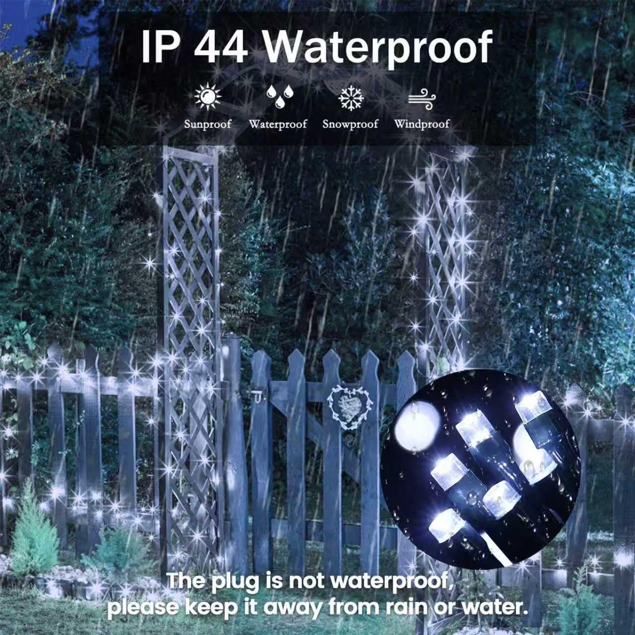 YIQU 800 LED Christmas String Lights, Green Wire, Waterproof, Memory Function Timer, 8 Modes, Cool White, Model MLS-D29V6WUC-O