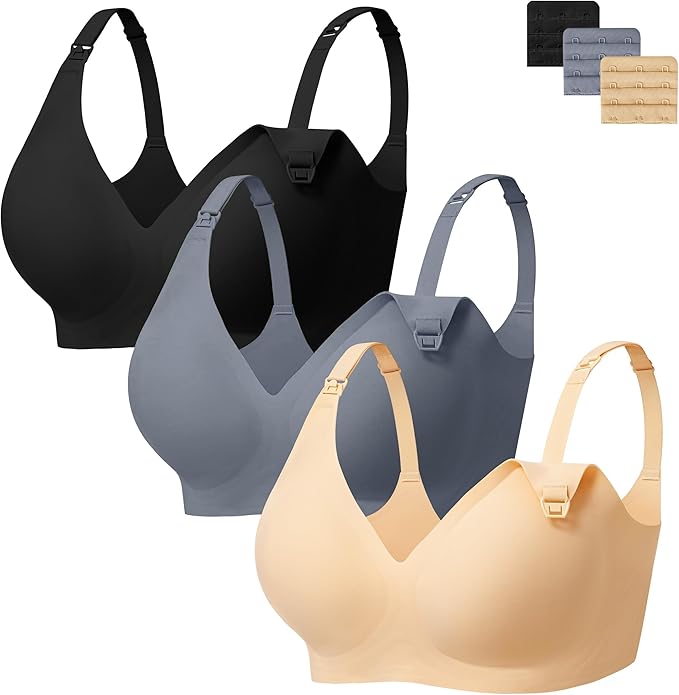 Angelhood 3 Pack Nursing Bras for Breastfeeding Seamless Pregnancy Maternity Bra Wireless Sleep Bralette with Extenders