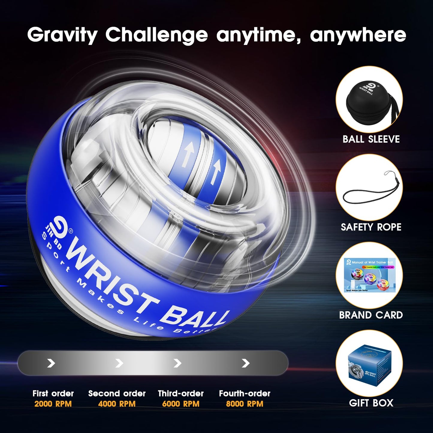 JIN BDWrist Trainer Ball Auto-Start Wrist Strengthener Gyroscopic Forearm Exerciser Gyro Ball for Strengthen Arms, Fingers, Wrist Bones and Muscles（Blue Without Light）