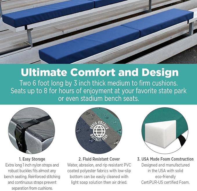 North American Mattress 6' Outdoor Picnic Bench Seat Cushion -2 Piece Set; 72" (6ft) x 10" x 3"; Green/Blue - Folding & Easy to Carry