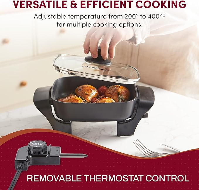 Elite Gourmet EG808 8” x 8" Non-stick Electric Skillet, Dishwasher Safe with Tempered Glass Vented Lid, Rapid Heat Up, 600W, Black