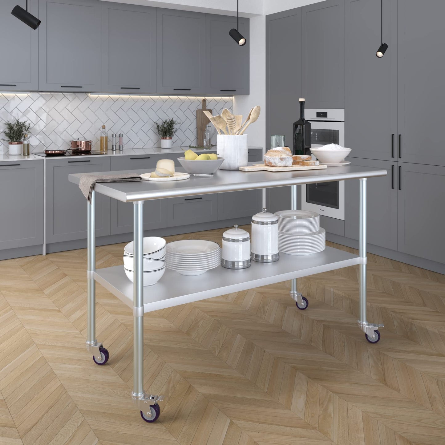 AmGood 30 in. x 60 in. Stainless Steel Work Table with Wheels | Metal Kitchen Food Prep Table | NSF