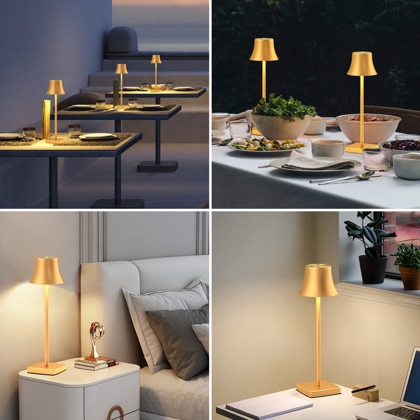 SAKRINGT 2 Pack LED Cordless Table Lamps, Rechargeable, 5000mAh, 3 Color Stepless Dimming, Aluminum, Gold, Model S807