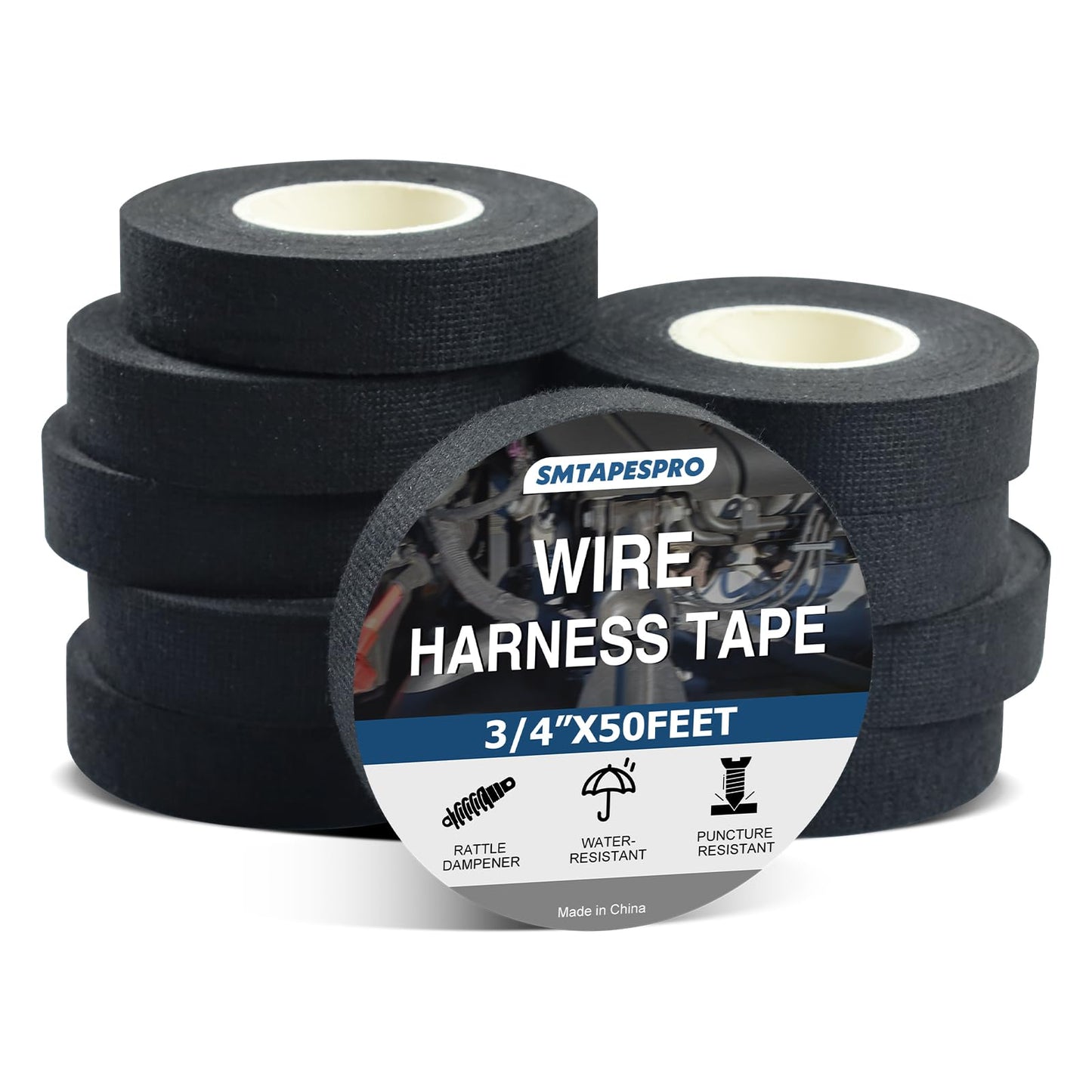 SMTAPESPRO Wire Harness Tape,High Temp Self-Adhesive Felt Cloth Electric Tape for Engine Bay Wire Loom, Noise Reduction & Protection, 3/4 inch x 50 FT, 10 Rolls