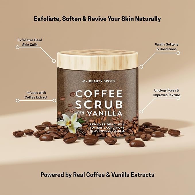 My Beauty Spot Coffee Scrub with Vanilla – Dry Exfoliating Body Scrub & Face for Smooth, Glowing Skin – Deep Cleansing Body Exfoliator for Women – Mix with Shower Gel or Water, Coffee Body Scrub 10 oz