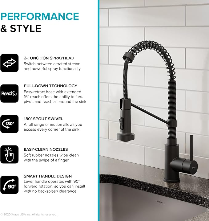 Kraus KPF-1610MB Bolden 18-Inch Commercial Kitchen Faucet with Dual Function Pull-Down Sprayhead in all-Brite Finish, 18 inch, Matte Black