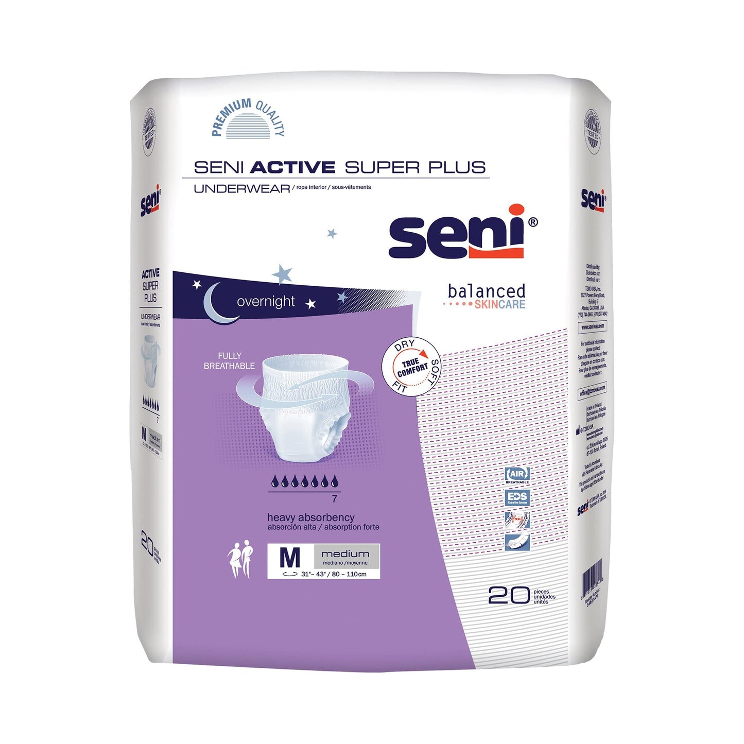 Seni Active Super Plus Unisex Adult Incontinence Underwear, Size Medium (31"-43"), 80 Count (4 Packs of 20), Heavy Absorbency, Pull On Disposable Overnight Underwear for Men & Women
