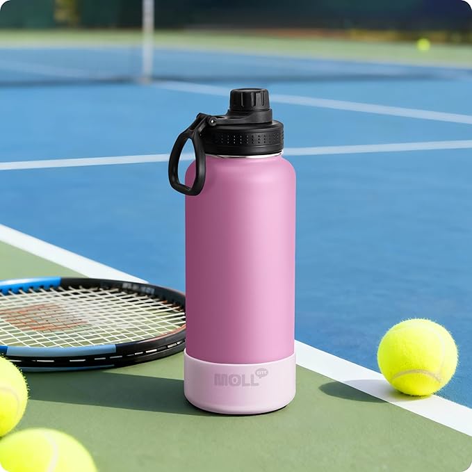 Insulated Water Bottle-32 oz Stainless Steel Vacuum Wide Mouth Sports Flask with Silicone Boot-Reusable Metal Leak Proof Travel Water Bottle for Girls Boys, BPA-Free(Purple Pink)